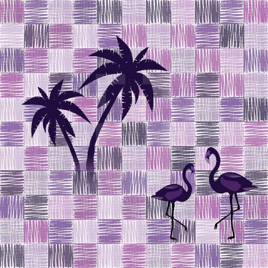 palm trees and flamingo on scribble pattern 