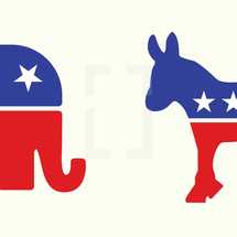 donkey, red, white, blue, elephant, democrats, republicans, icon, politics, politicians, election day, voting