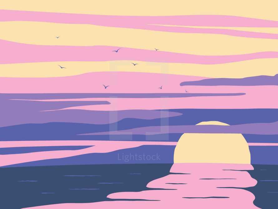 sunsetting over water illustration 