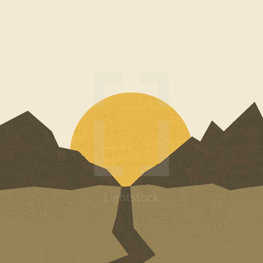 mountain path and sunrise illustration.