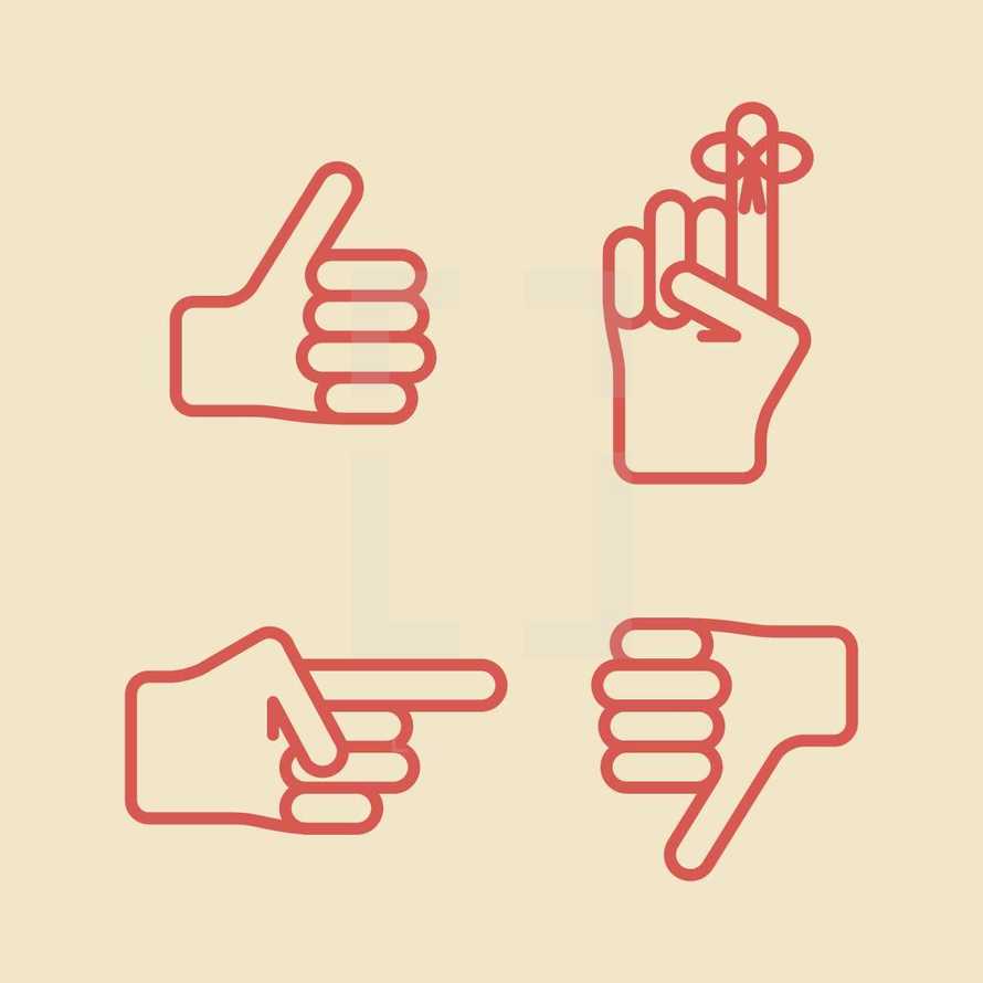 hands icon set, promise, remember, reminder, thumbs up, thumbs down, approval, disapproval, pointing, icons, hands