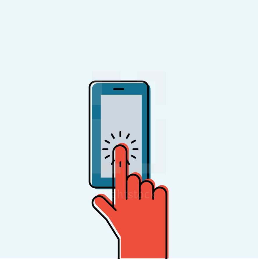 modern illustration of a finger pointing to a smart phone. 
