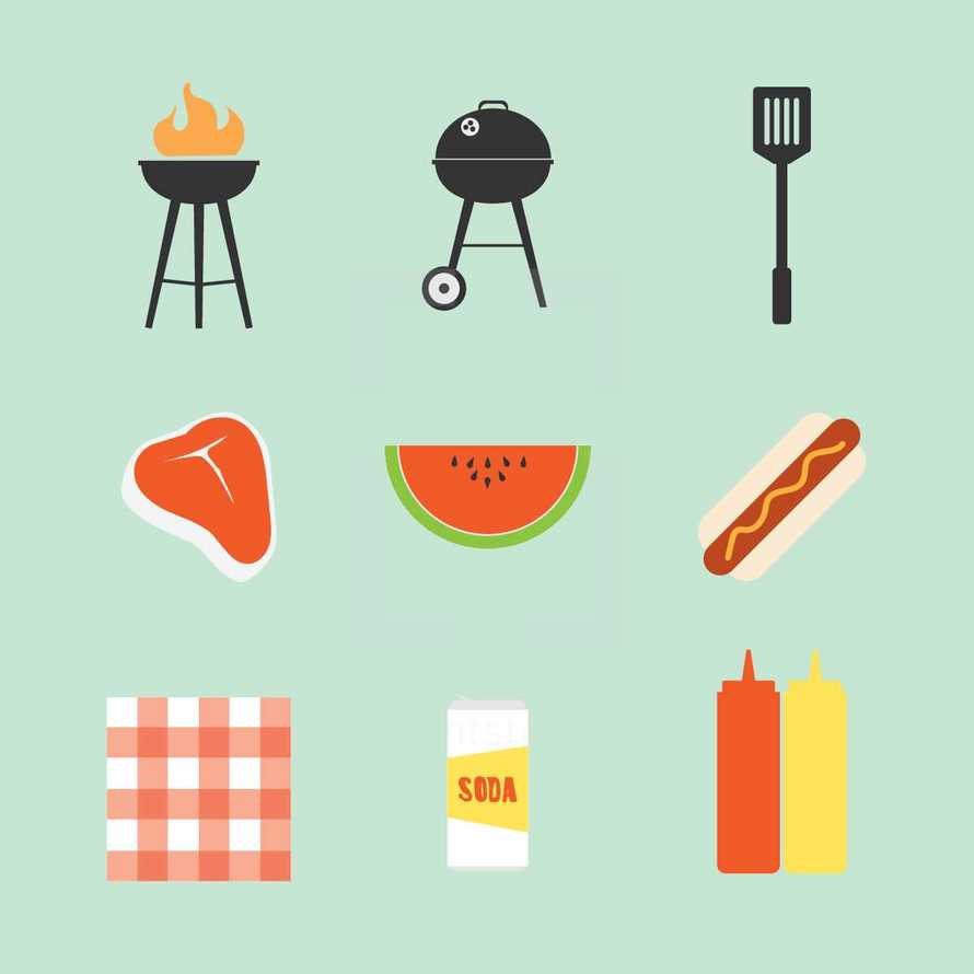 grilling, grill, cookout, bbq, barbecue, mustard, ketchup, soda, watermelon, food, summer, icon, spatula, flames, steak, meat 