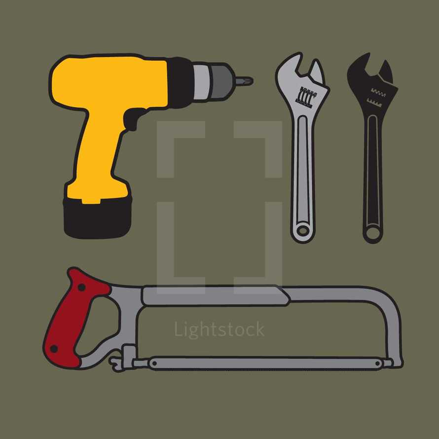 tools, drill, saw, wrench 