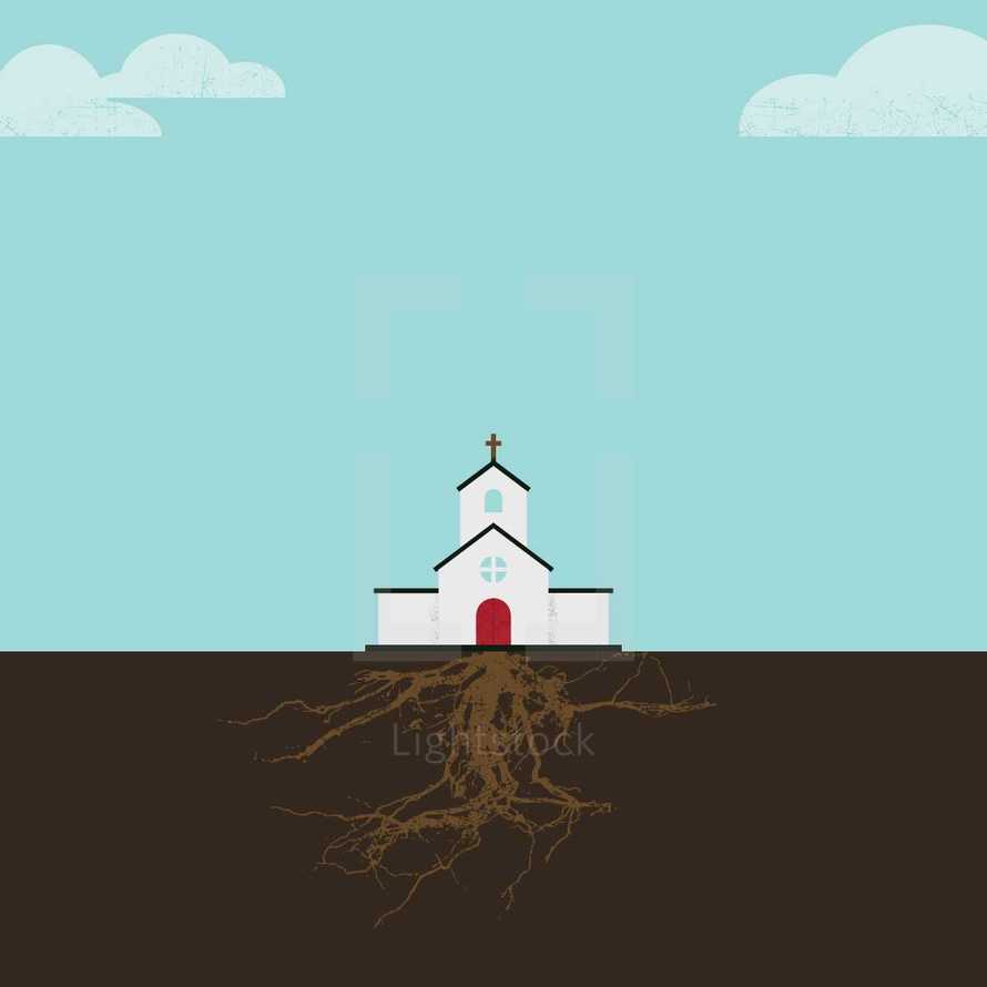illustration of church with roots.