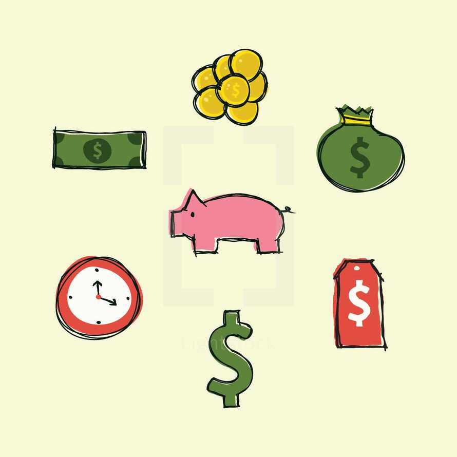 money, savings, clock, price tag, $, piggy bank, coins, cash, dollar, money bag