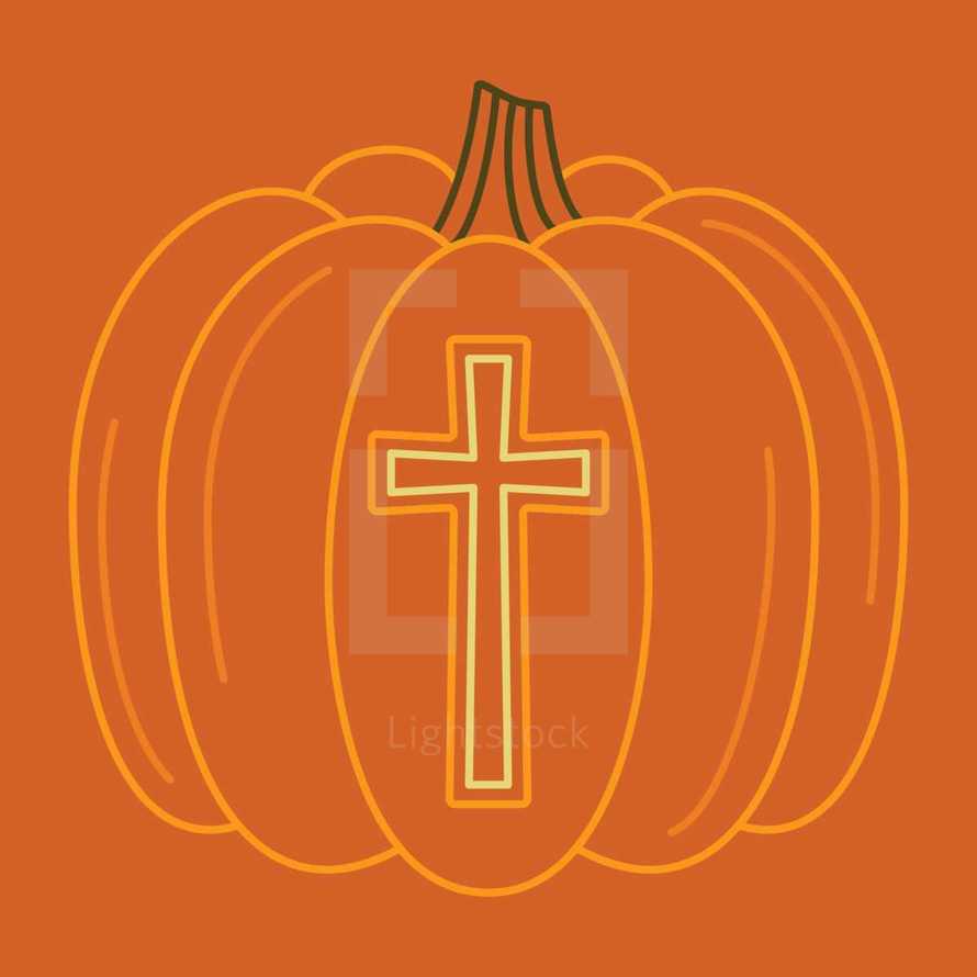 cross on an orange pumpkin 