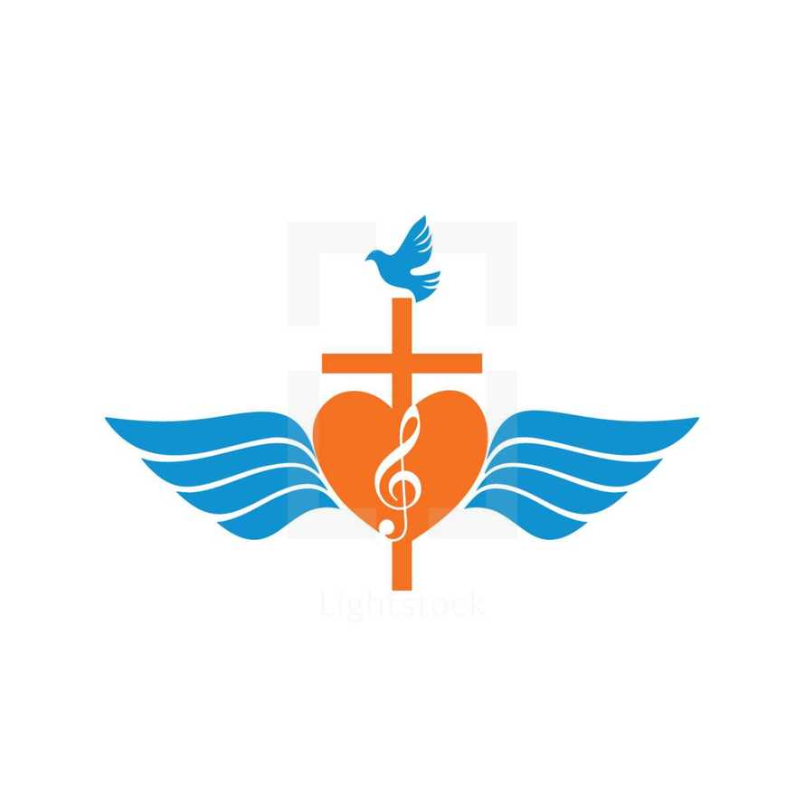 dove, cross, wings, heart, G clef, music, logo 