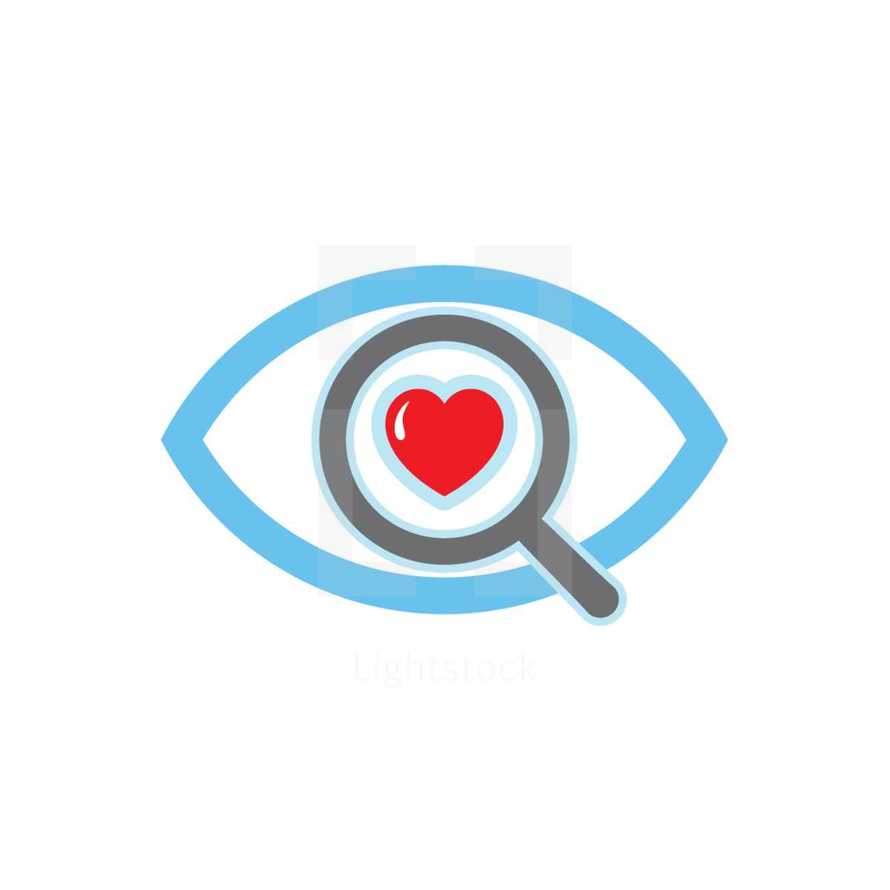 magnifying glass over an eye with a heart 