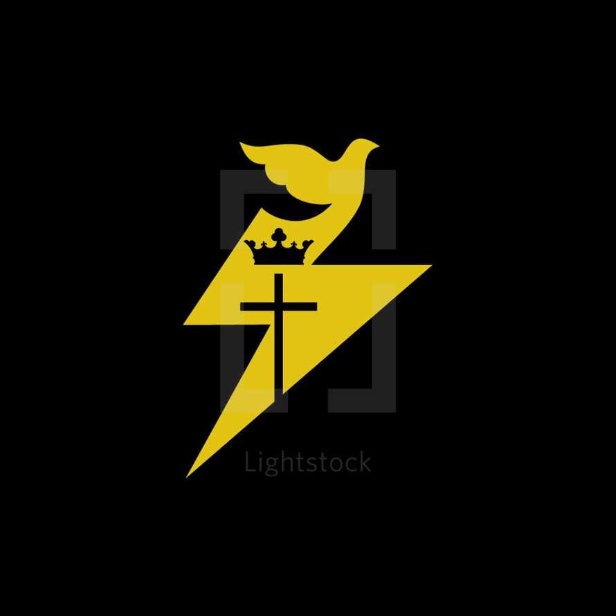 dove, crown, cross, lightning bolt logo
