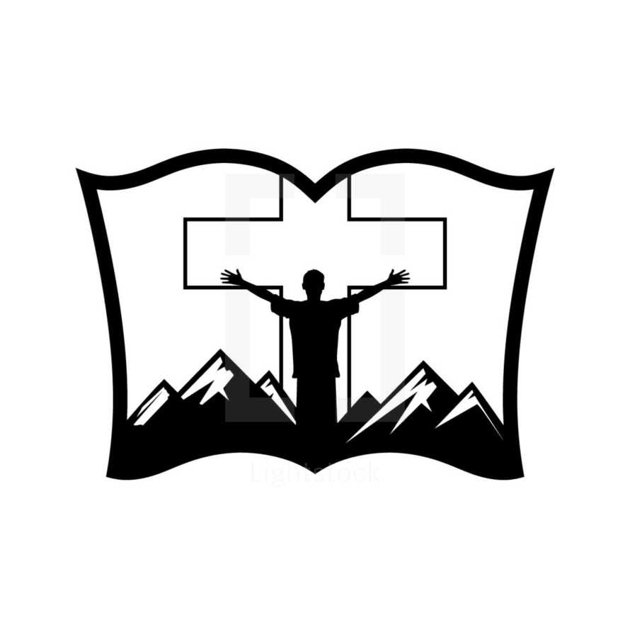 man with outstretched arms on a mountain on a BIble logo