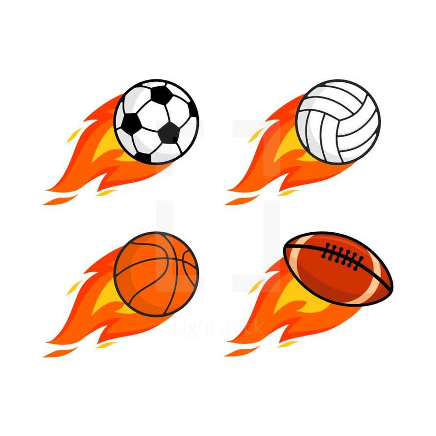 basketball, soccer ball, football, volleyball, with flames 