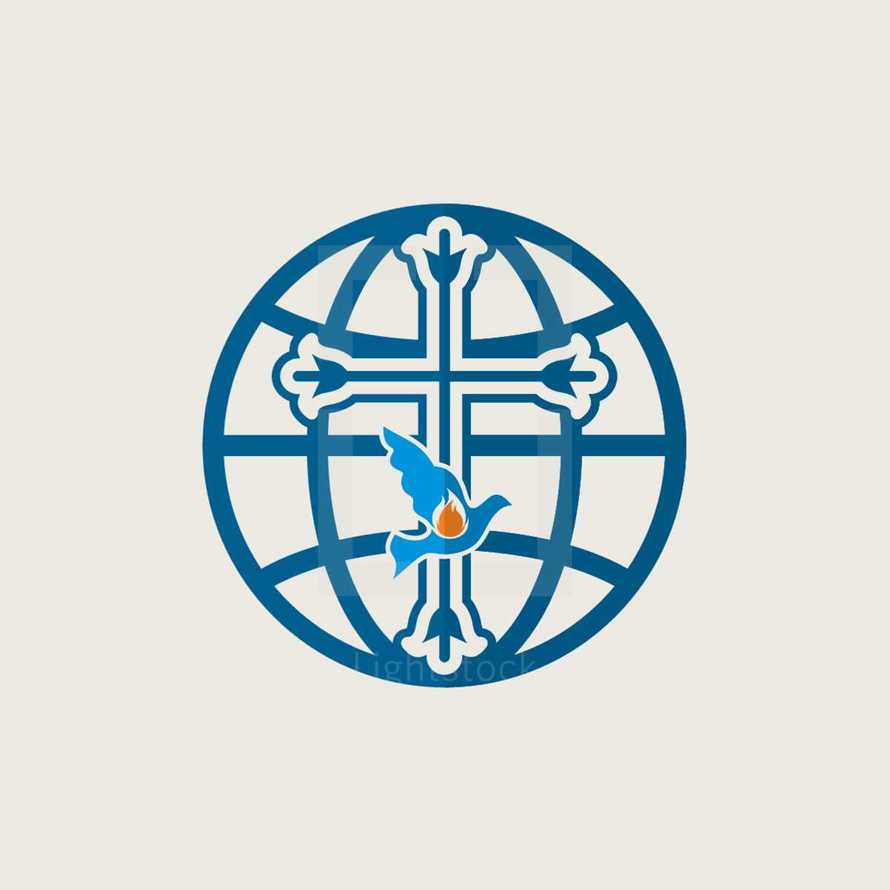 missions, globe, dove, blue, cross, flame, icon