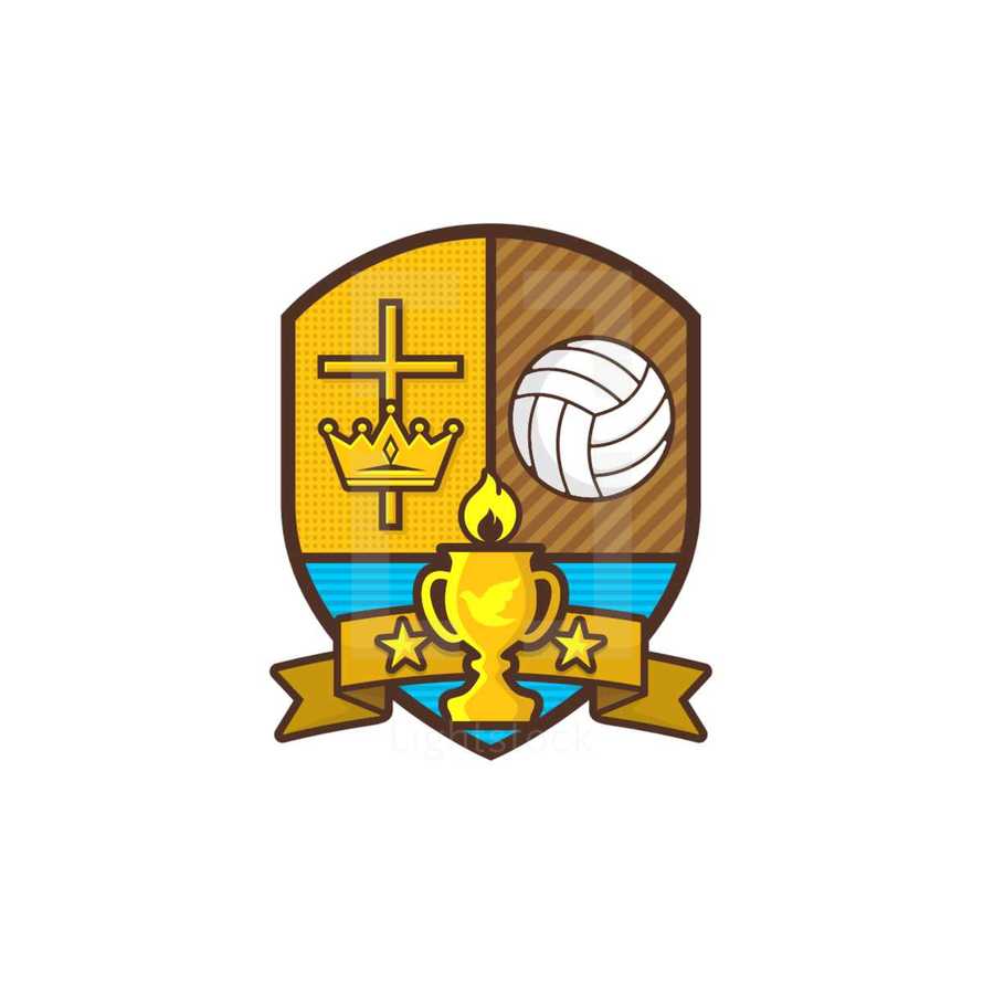 sports shield with cross, crown, and trophy 