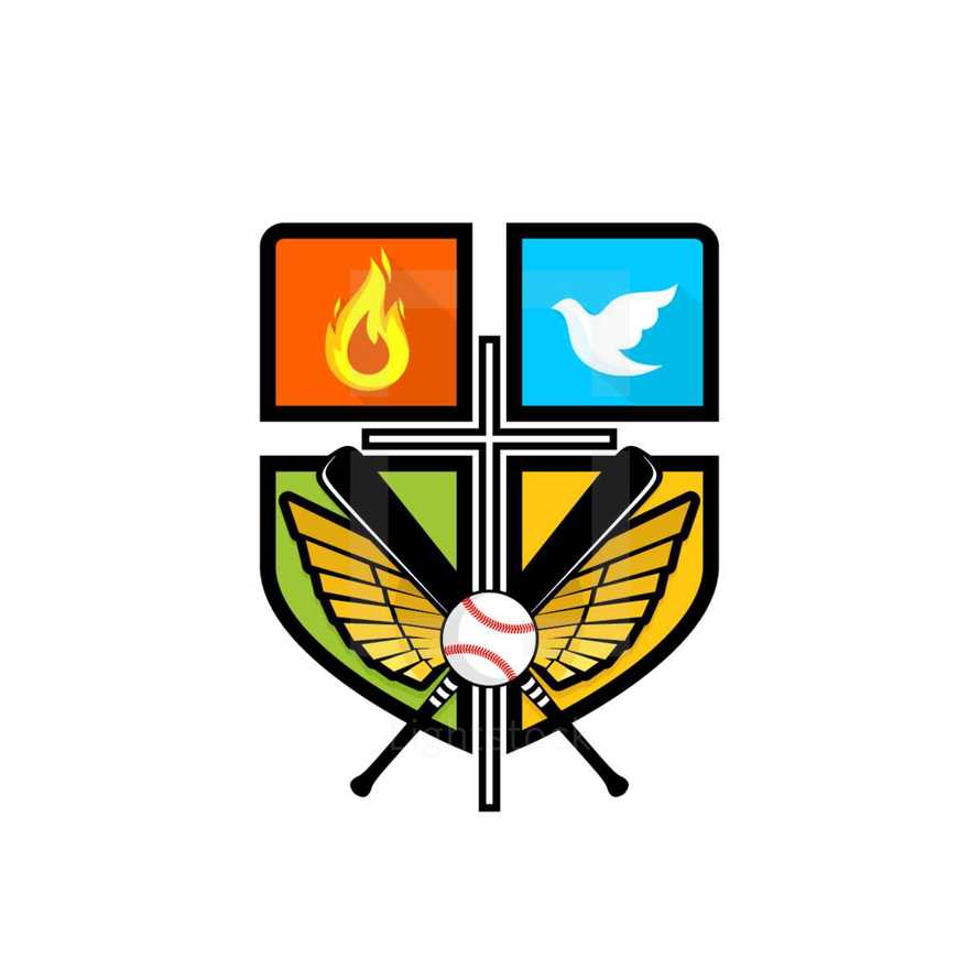 sports, baseball, cross, shield, flames, and dove icon 