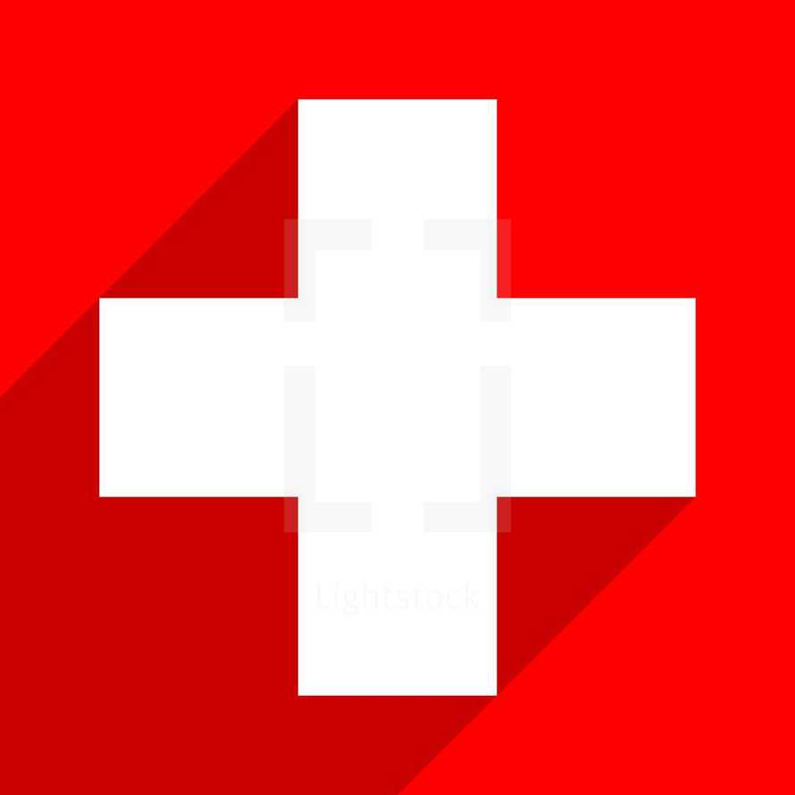 The First Aid symbol or The Swiss flag or The Red Cross symbol. White medical sign with drop shadow on red background is created in trendy flat style. The graphic element for design saved as a vector illustration in the EPS file format.