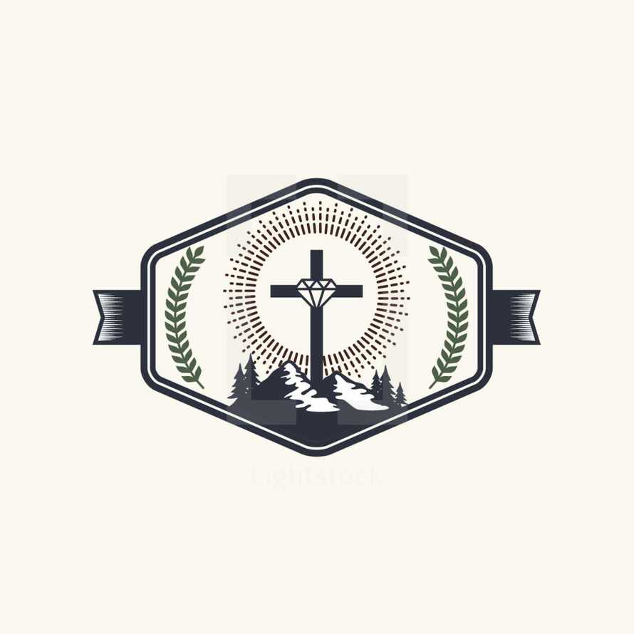 leaves, banner, shield, badge, cross, trees, mountains, forest, diamond, radiating, icon