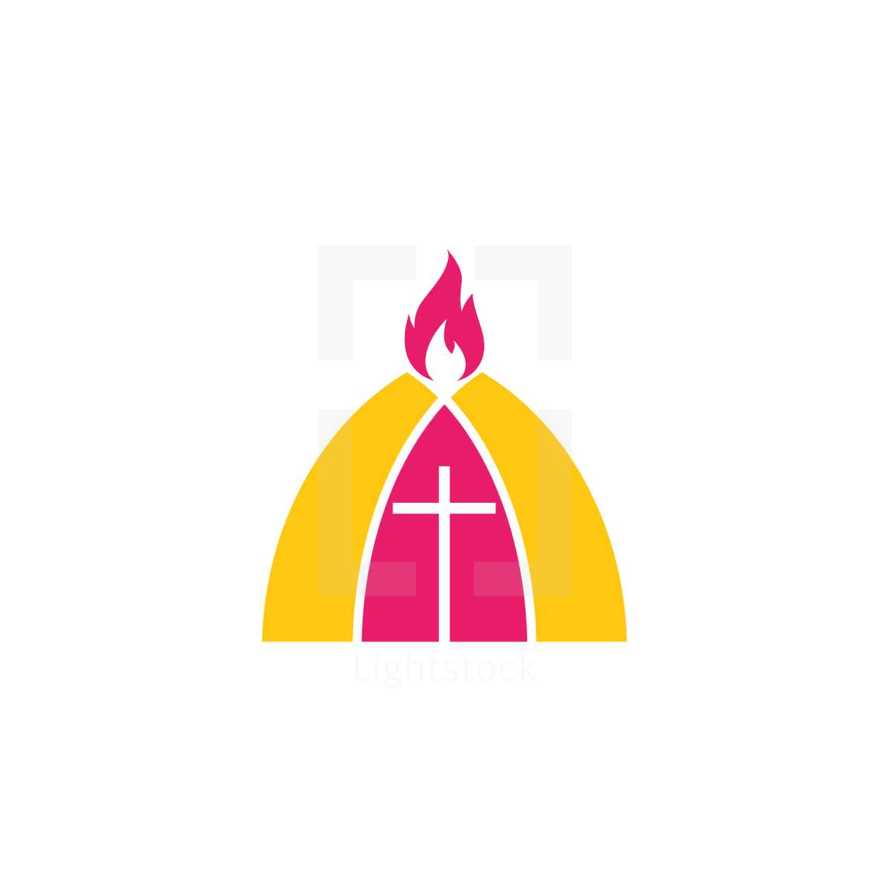 cross, flame, red, white, yellow icon