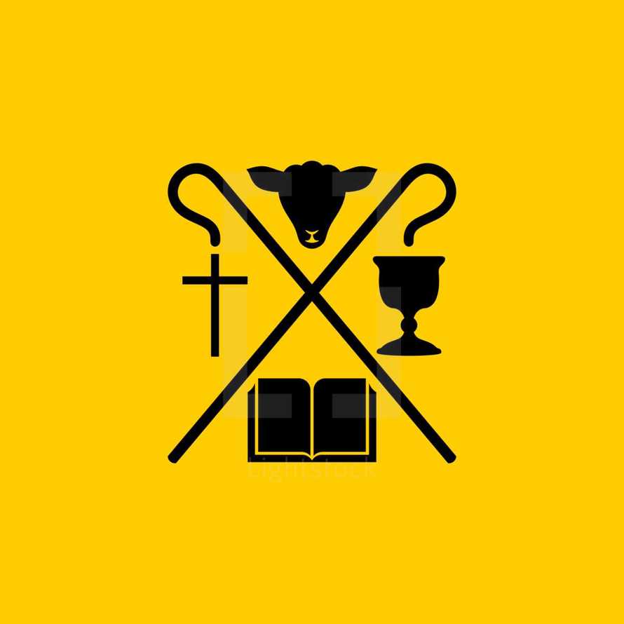 Christian symbols. The Bible, the cross of Jesus Christ, the sacrificial lamb and the cup of communion.