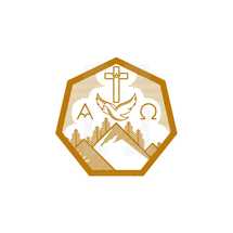 Church logo. Christian symbols. Mountains, the cross of Christ, the dove and the alpha and omega.