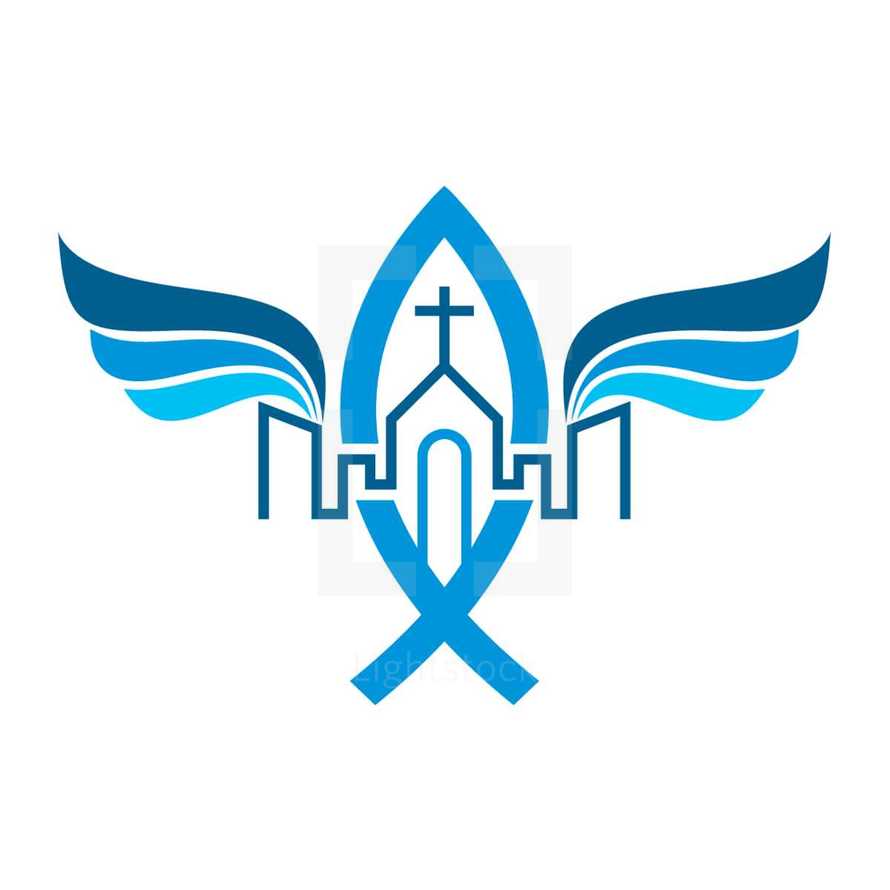 city, buildings, wings, church, Bible, blue, logo, icon, ichthus, Jesus fish 