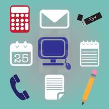 office supplies, pencil, paper, notepad, phone, calendar, 25th, computer screen, computer mouse, calculator, illustration, envelope, mail, flash drive, memory stick 