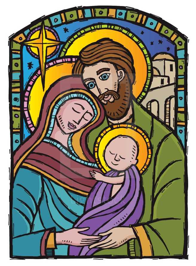 A nativity picture of the holy family in a modern woodcut style