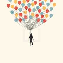 Man Floating Into The Sky Holding Balloons.