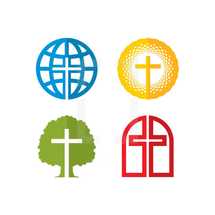 cross, globe, tree, missions, blue, red, yellow, green