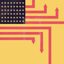 Abstract American flag with upward and downward pointing arrows.