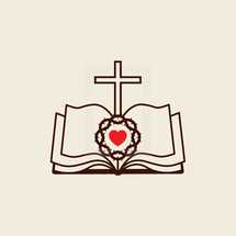 open Bible, Bible, crown of thorns, pages, heart, cross, icon