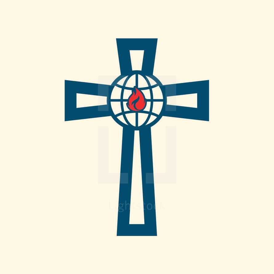 flame, missions, blue, red, globe, cross, icon