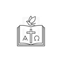 Church logo. Christian symbols. The cross of Jesus and the dove on the background of an open bible