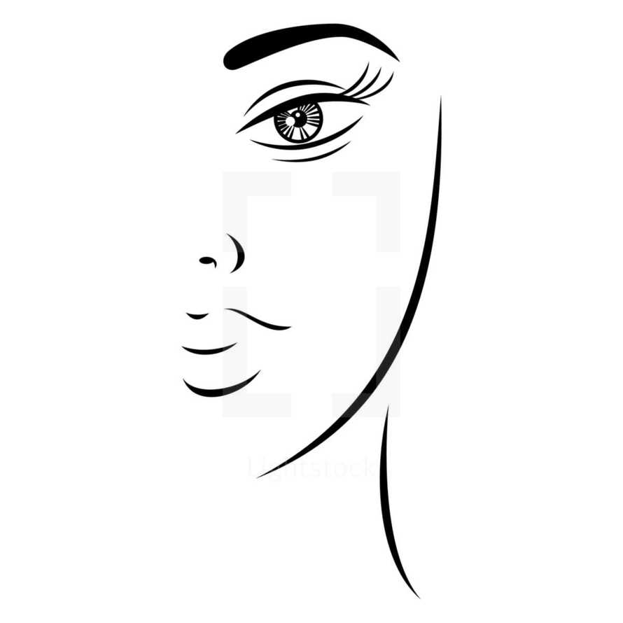 face. Half woman face with beautiful makeup. Recolorable shape isolated from background. Vector illustration is a graphic element for artistic design.