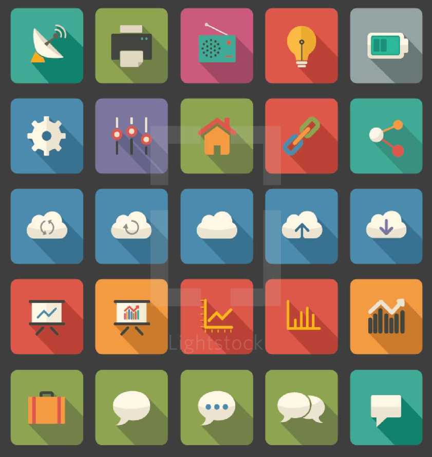 suitcase, luggage, thought bubble, talk bubble, flat, icon, graph, bar graph, chart, upload, download, cloud, clockwise, counterclockwise, linked, atoms, gears, fax, satellite, radio, lightbulb