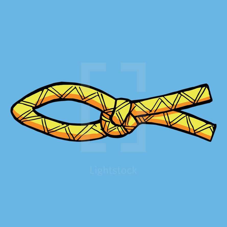The traditional Christian fish symbol (Ichthys) made with rope and a knot in the tail. Flat colour with black outline.