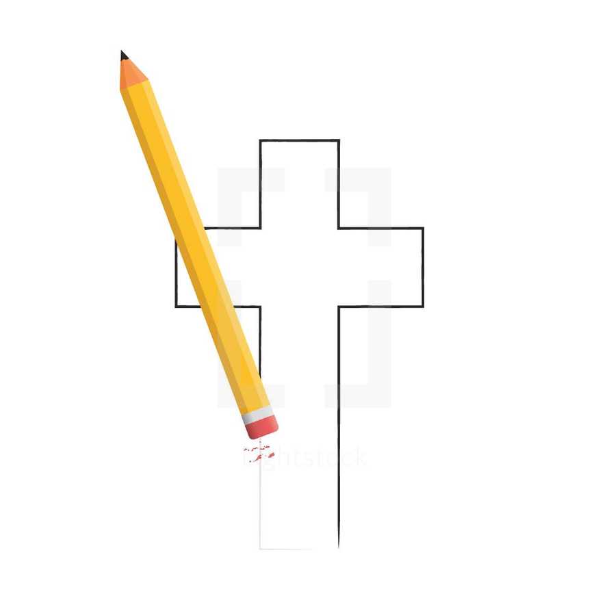 A pencil erasing a drawing of a cross.