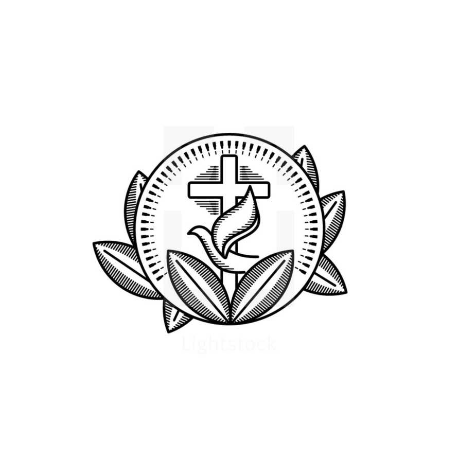 Church logo. Christian symbols. Cross of the Savior Jesus Christ and the dove, framed by leaves and radiance.