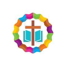 colorful circle around cross and Bible 