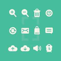 simple, icon set, upload, download, volume, computer, time, alarm, alarm clock, text, messaging, email, mail, locked, refresh, trash, trash can, add, delete, power, icons