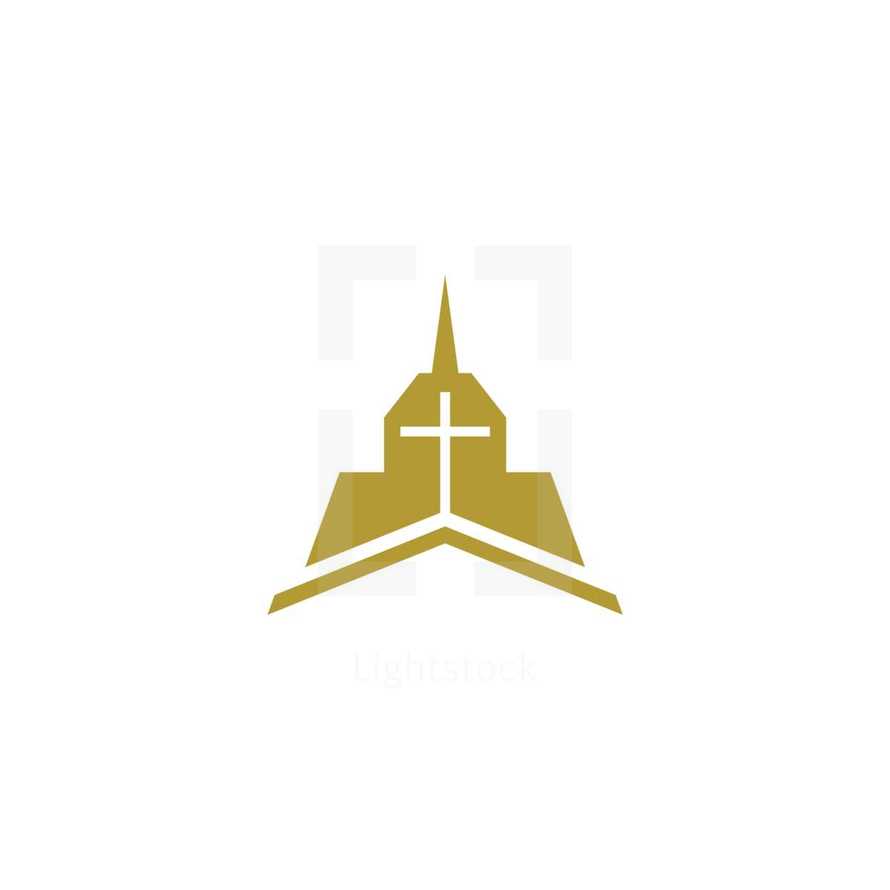 Church logo. Christian symbols. Cross of the Savior Jesus on the background of the building