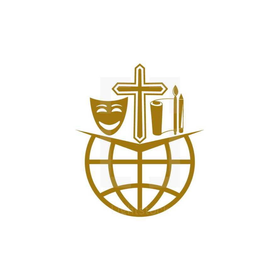 theatrical mask, cross, art supplies, Bible, and globe logo 