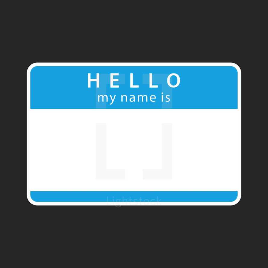Hello my name is empty sticker. Blue blank name tag badge is rounded rectangular shape. A name tag is a badge or sticker that is required to display the owner's name for other people to view. Quick and easy recolorable shape isolated from the dark gray background. The design graphic element saved as a vector illustration in the EPS file format for used in your design projects. 
