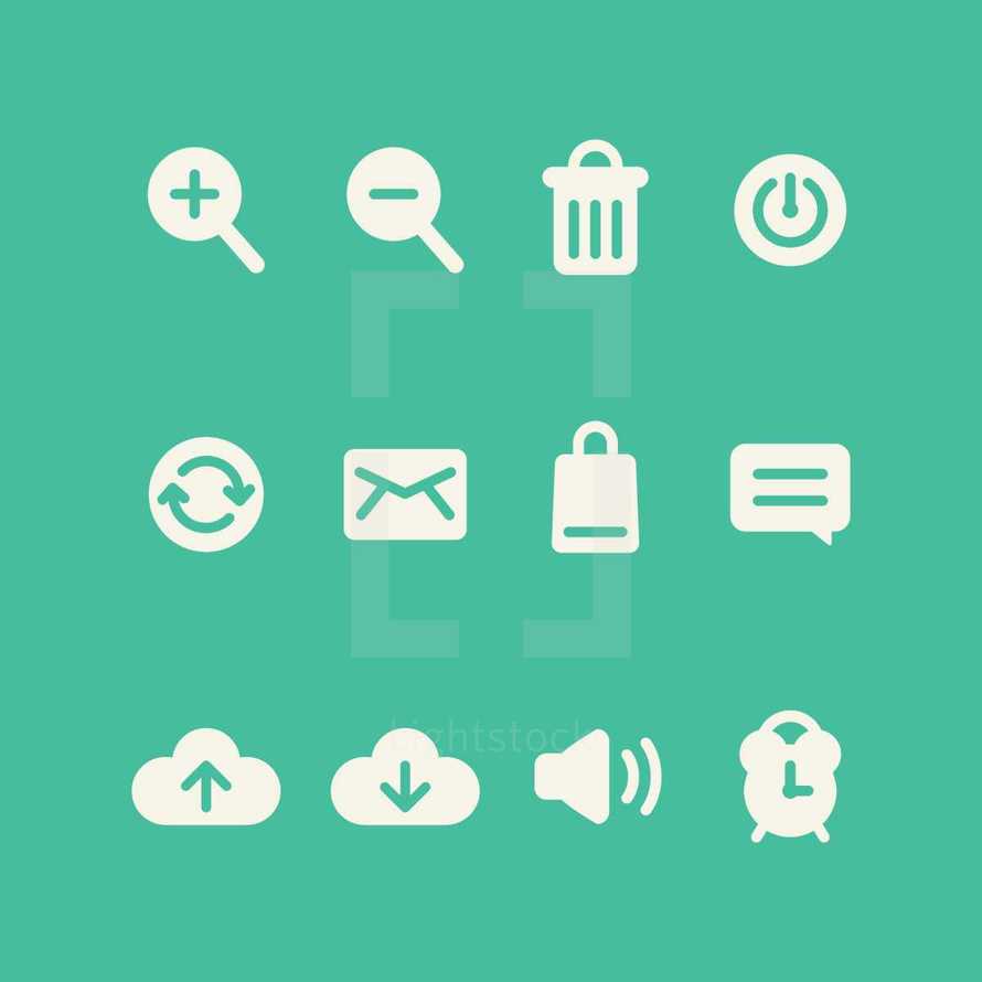 simple, icon set, upload, download, volume, computer, time, alarm, alarm clock, text, messaging, email, mail, locked, refresh, trash, trash can, add, delete, power, icons