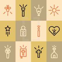 light, icons, lightning bug, flashlight, cross, church, bible, glowing, heart, candle, candlelight, sun, lightbulb