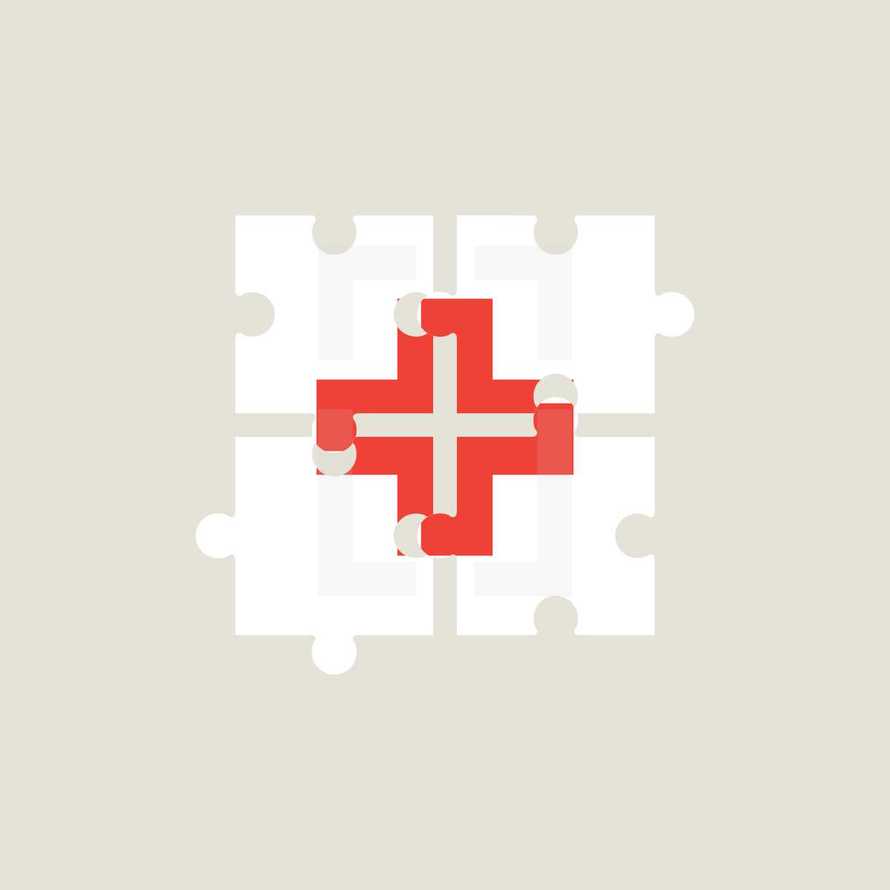 help, red cross, puzzle pieces, puzzle, aide, icon