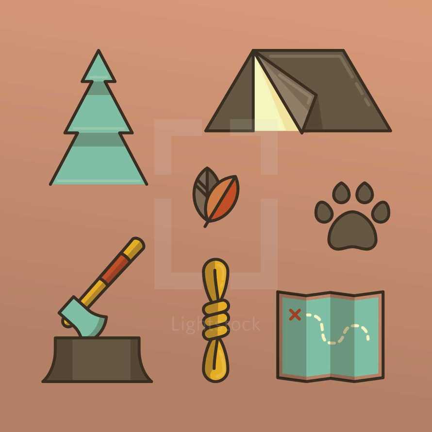 camping, tent, ax, stump, tree stump, knot, rope, map, animal tracks, bear print, leaves, tree, outdoors, icons