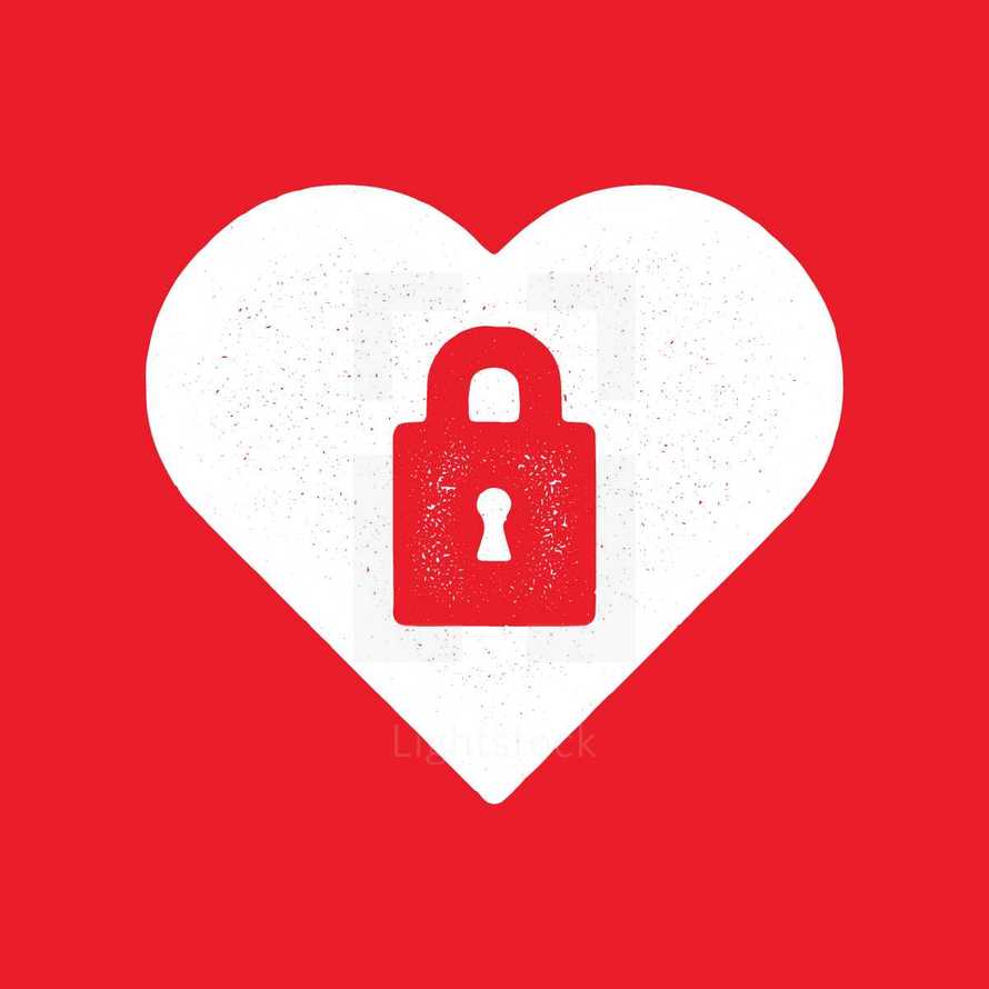Grunge illustration of lock pad inside a heart. 