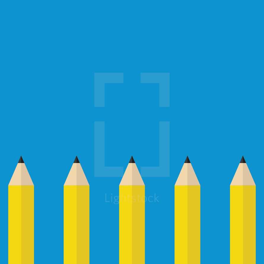A row of sharpened yellow pencils on a blue background.