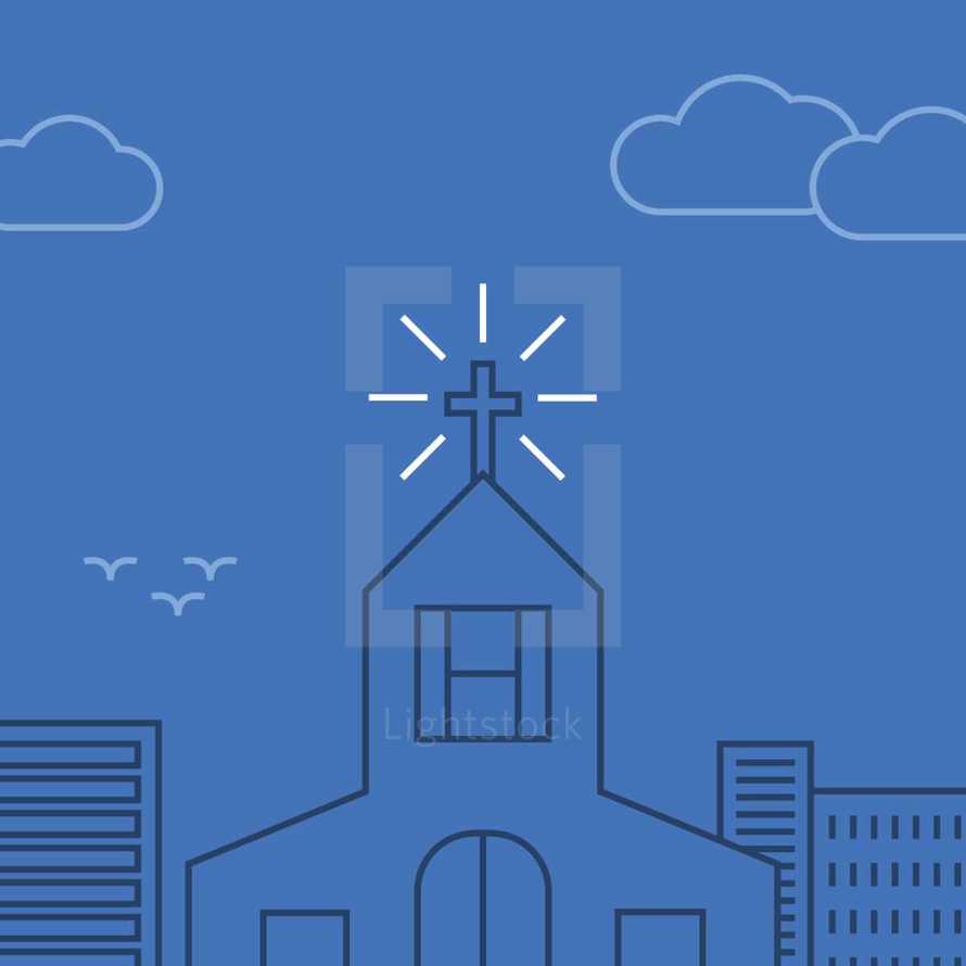 a church in a city illustration 